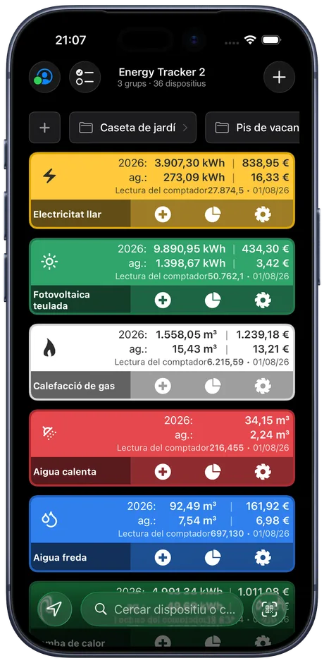 El tauler d'Energy Tracker en un iPhone