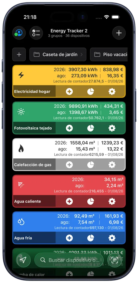 El panel de Energy Tracker en un iPhone