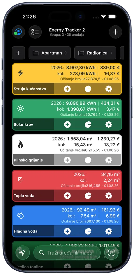 Nadzorna ploča Energy Trackera na iPhoneu