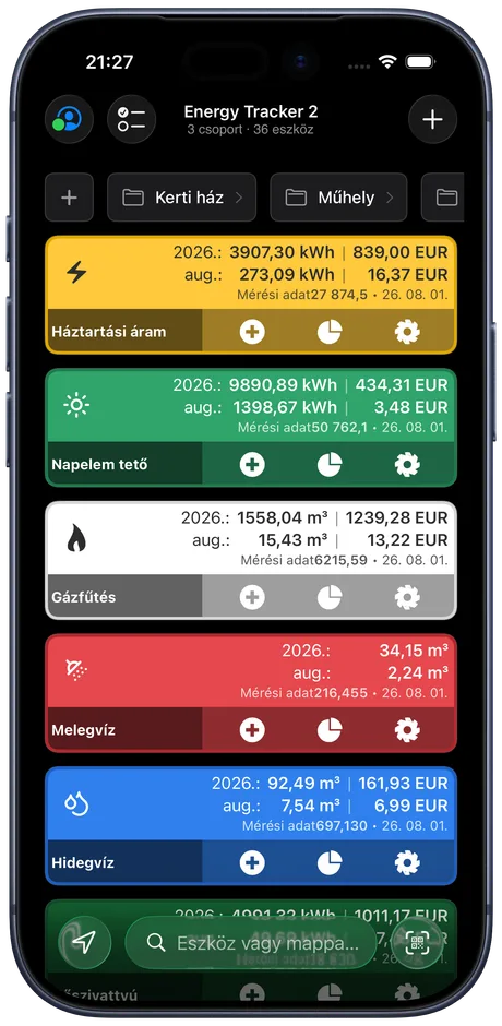 Az Energy Tracker irányítópultja iPhone-on