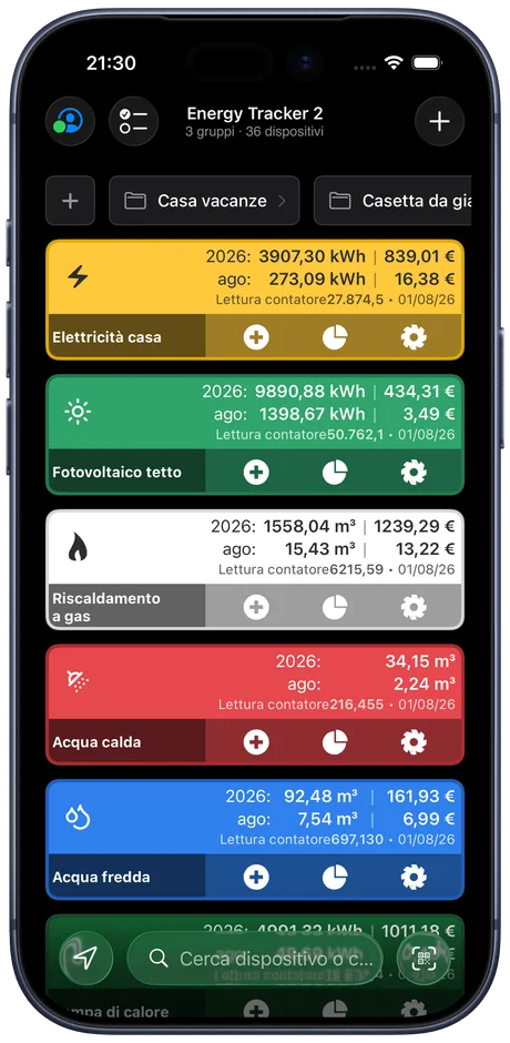 La dashboard di Energy Tracker su un iPhone