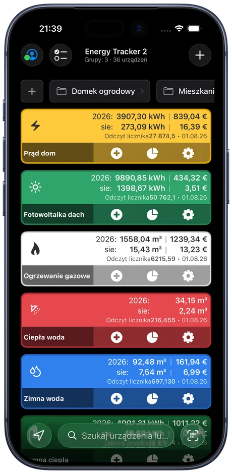 Panel Energy Tracker na iPhonie