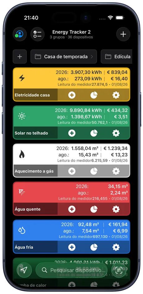 O painel do Energy Tracker em um iPhone