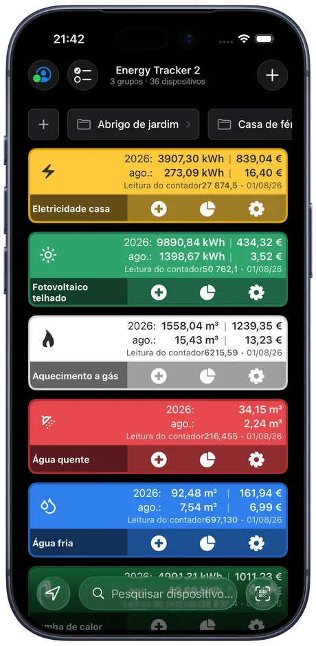 O painel do Energy Tracker num iPhone