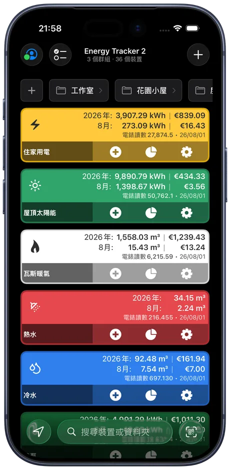 iPhone 上的 Energy Tracker 儀表板